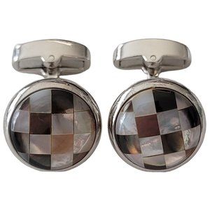 Egara Checker Shell Inlay Silver Tone Cufflinks, Signed E226